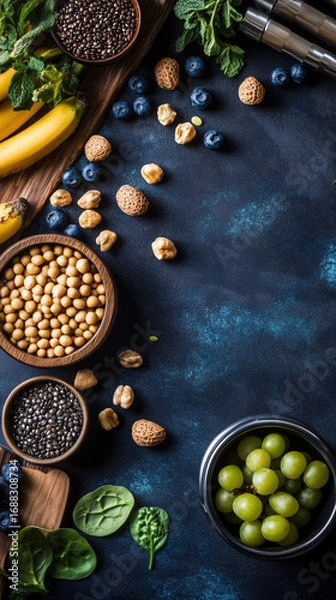 Fototapeta Fresh fruits and nuts arranged on dark surface showcasing healthy lifestyle. Ingredients include bananas blueberries grapes almonds chia seeds and spinach promoting wellness and nutrition