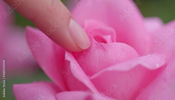 Obraz Close-up finger touching a pink rose