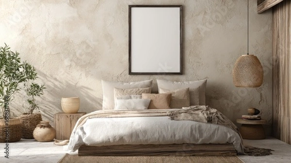 Obraz Minimalist Bedroom with Neutral Tones and Natural Decor in Cozy Home Setting