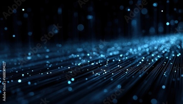 Fototapeta Abstract digital stream of light.  Dark background with streaks of blue light particles