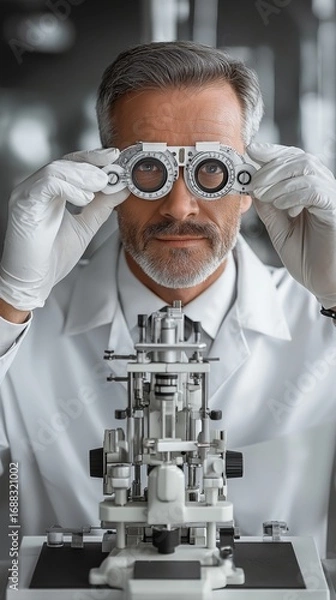 Obraz During an eye exam, an optician examines the patient's vision with a phoropter