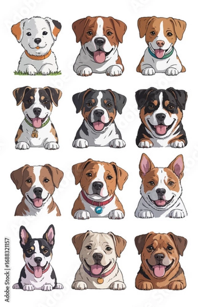 Fototapeta A set of illustrations with cute cartoon puppies for postcards, stickers and other designs on a white isolated background. Vector graphics. EPS.