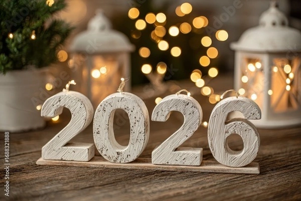 Fototapeta Stylish handwritten number 2026 in modern white script over festive warm glowing fairy lights with soft bokeh, minimal winter lights and elegant trendy design