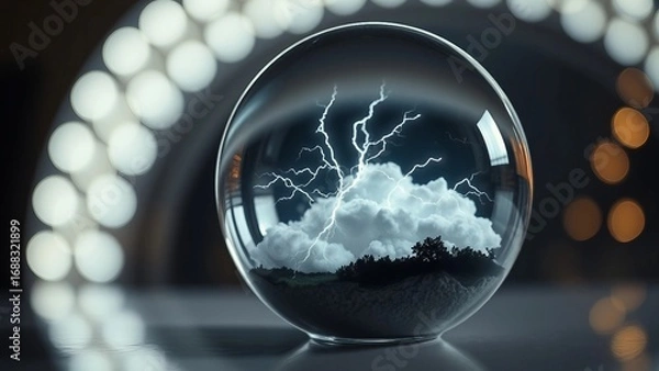 Fototapeta A captivating miniature storm contained within a clear glass sphere, showcasing powerful lightning strikes amidst a fluffy cloud, a unique blend of nature and controlled science