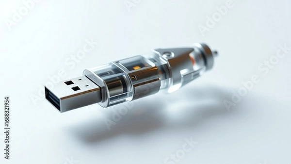 Fototapeta A futuristic science fiction themed USB flash drive resembling a laser sword handle, isolated on a clean white background for data storage