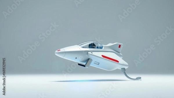 Fototapeta A futuristic personal aerial vehicle concept with a sleek white design, hovering with a blue energy glow in a clean studio. The future of individual mobility and transport innovation