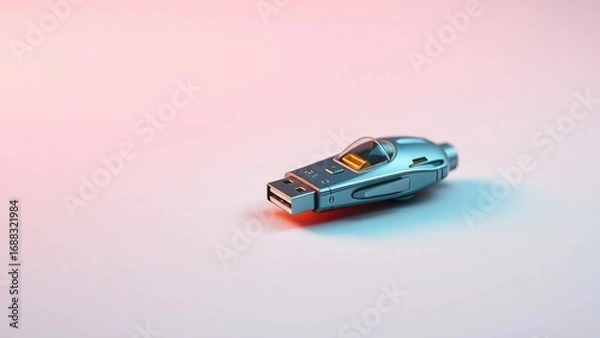 Fototapeta Creative concept of modern data transfer with a futuristic spaceship-shaped USB flash drive illuminated by neon pink and blue lights