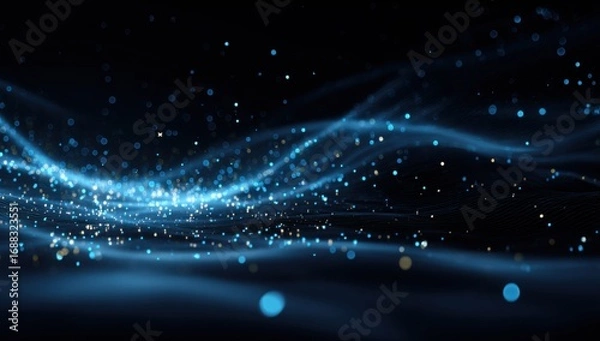 Obraz Abstract digital waves of light particles.  Dark background with glowing,  blue and gold particles swirling in smooth waves