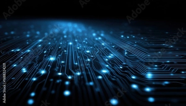 Fototapeta Abstract circuit board with glowing blue pathways.  Dark background, intricate network of lines and dots.  Focus on a flowing, diagonal path