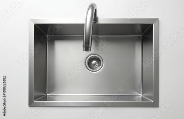 Fototapeta Modern stainless steel kitchen sink with polished chrome faucet, drain. Minimalist design, clean metallic basin with smooth finish. Ideal for contemporary home interiors, promoting hygiene,