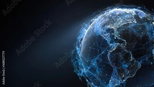 Fototapeta Globescape, digital world.  Abstract representation of a globe,  with a network of lines representing global connections.  Dark background, prominent  blue-toned network.  Earth's continents visible