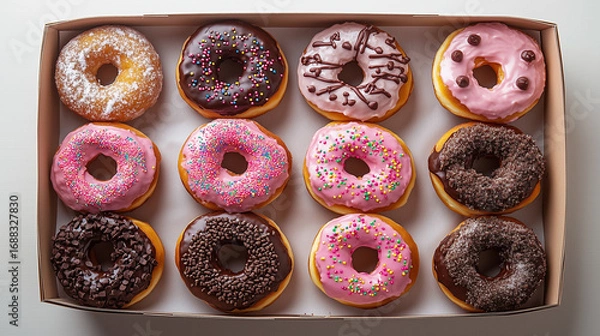 Obraz donuts on white background. Assorted donuts with icing in a box