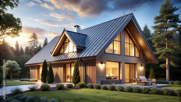 Obraz Nordic-style wooden home with pitched roof and natural textures