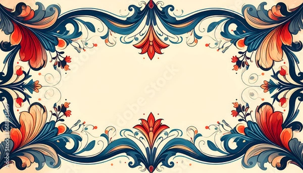 Fototapeta Decorative floral frame with blue and orange elements on a light background.