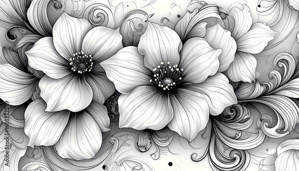 Fototapeta Black and white floral illustration with detailed petals and swirling background elements.