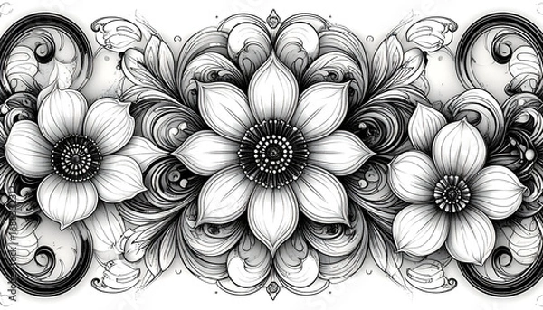 Fototapeta Floral arrangement with three flowers and swirling decorative elements in black and white.