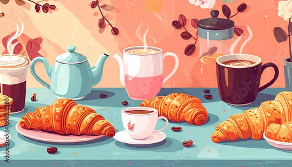 Fototapeta Illustration of coffee croissants and other breakfast items on a table.