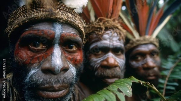 Fototapeta Three men with traditional face paint and headdresses stand closely together in a lush, green forest environment