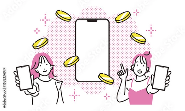 Obraz スマホの画面を見せる若い女性たちとスマホとコインイメージ