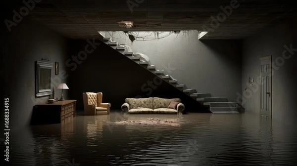 Fototapeta A dimly lit living room is partially submerged in floodwater, with furniture and stairs visible, highlighting severe indoor flooding and damage