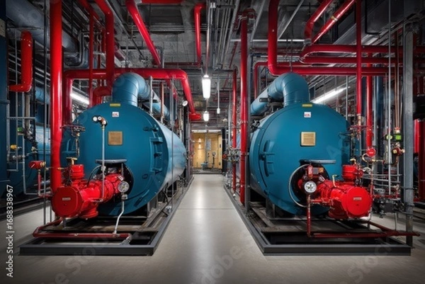 Fototapeta Industrial boiler room with two large blue boilers, red pipes, and complex machinery, showcasing advanced heating and mechanical systems