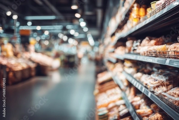 Fototapeta Aisles of a grocery store filled with packaged food products, with shelves in focus and background softly blurred