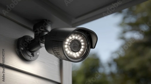 Obraz Monitoring device attached to a wall captures surroundings in a quiet residential area during the daylight hours, ensuring security and safety for homeowners nearby