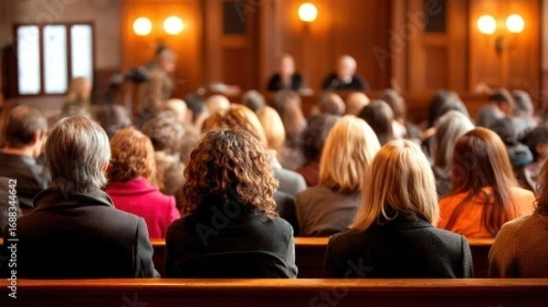 Fototapeta A group of people sits in a courtroom, attentively listening to proceedings at the front under warm lighting