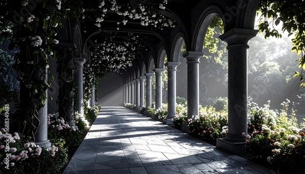 Fototapeta Walking Along Stone Archway Covered in Flowers with Sunlight