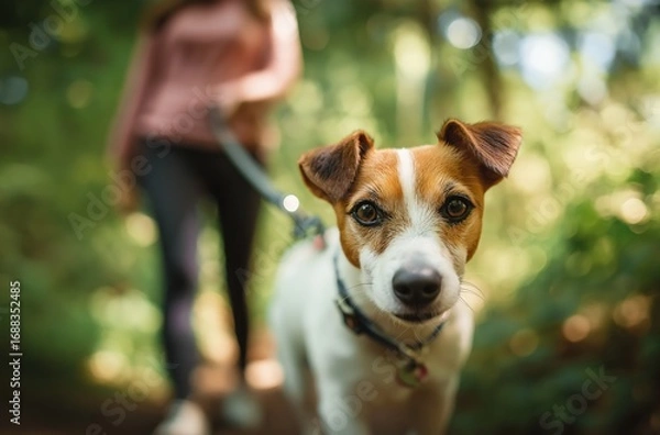 Fototapeta A playful dog on a leash walks with its owner in a lush, green forest, showcasing a connection between pets and nature.
