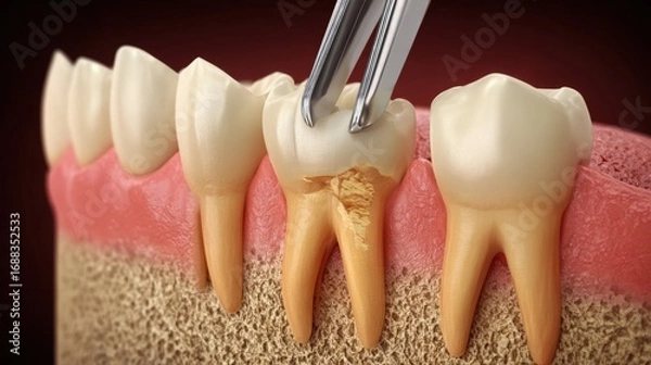 Fototapeta A realistic depiction of a dental extraction in progress, featuring dental tools removing a decayed tooth from an upper jaw. The surrounding teeth appear healthy, emphasizing the procedure's focus