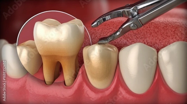 Obraz A realistic depiction of a dental extraction in progress, featuring dental tools removing a decayed tooth from an upper jaw. The surrounding teeth appear healthy, emphasizing the procedure's focus