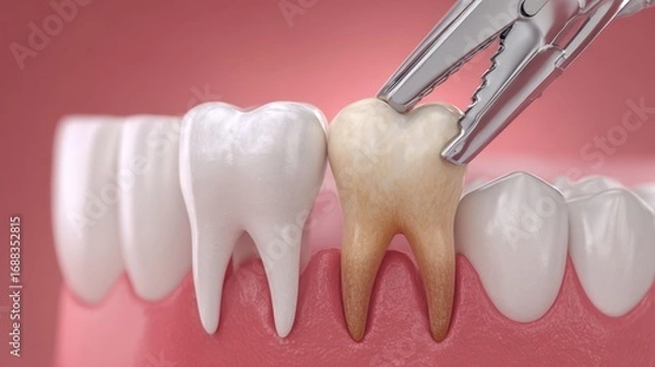 Obraz A realistic depiction of a dental extraction in progress, featuring dental tools removing a decayed tooth from an upper jaw. The surrounding teeth appear healthy, emphasizing the procedure's focus