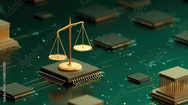 Obraz A golden scale of justice is placed atop a green circuit board, highlighting the relationship between legal principles and technological advancements in a digital age.