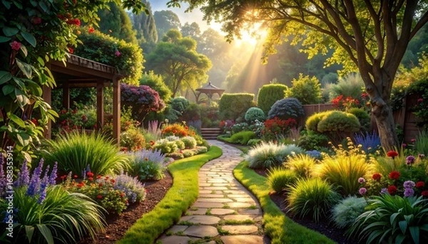 Fototapeta Walking Path Through a Lush Garden with Sunlight and Flowers