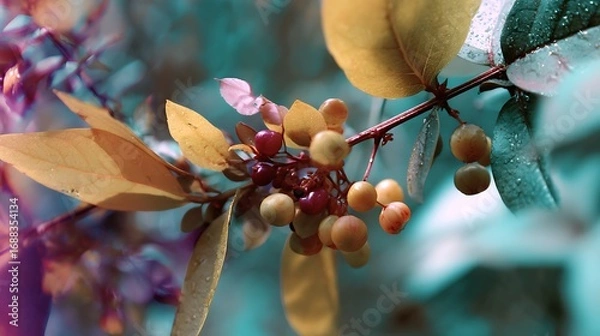Fototapeta Colorful berries and autumn leaves on a branch with dreamy background