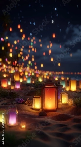 Fototapeta Illuminated lanterns scattered on a beach with floating lanterns in the night sky