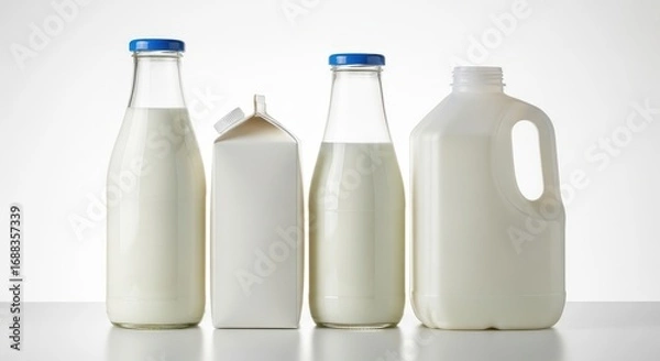 Fototapeta A variety of fresh milk containers including glass bottles, a carton, and a plastic jug lined up on a white surface