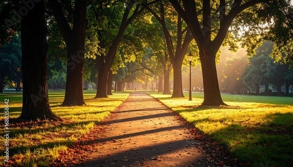 Fototapeta Walking Path Through Park Trees at Sunrise with Sunlight and Shadows