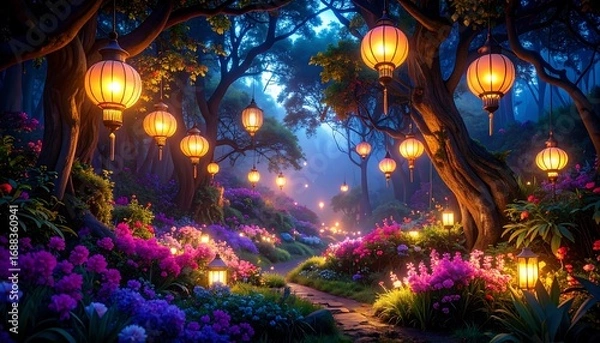 Fototapeta Walking Path with Glowing Lanterns and Blooming Flowers