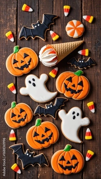 Fototapeta Cozy festive still life of Halloween treats with shallow depth of field and warm lighting