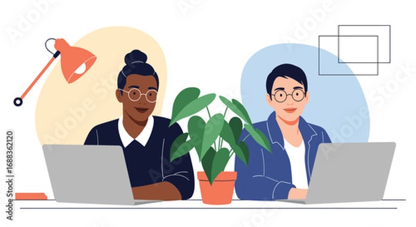 Fototapeta Two diverse individuals working together on laptops in a modern office environment