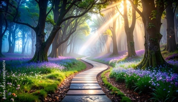 Fototapeta Walking the Forest Path with Sunlight and Wildflowers