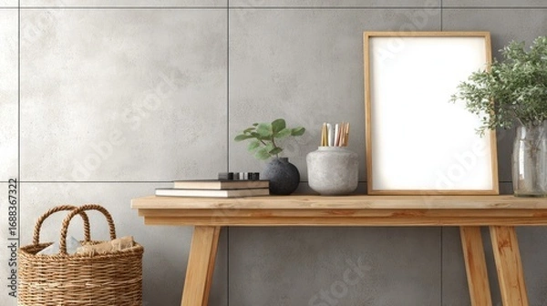 Fototapeta Minimalist Wooden Console Table Decor with Potted Plants and Empty Frame in Modern Interior
