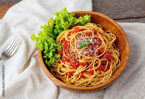 Fototapeta spaghetti in tomato sauce with lettuce in a wooden bowl