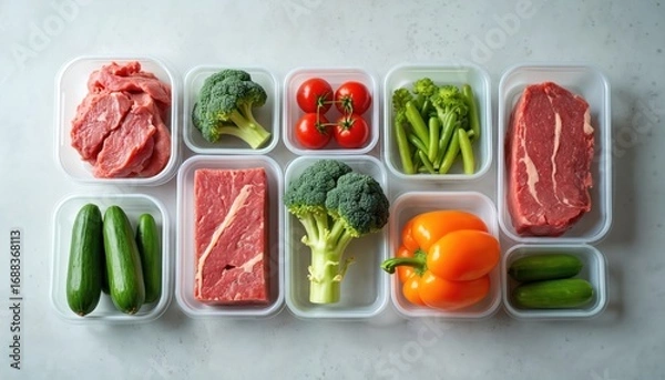 Fototapeta Fresh ingredients neatly organized in clear containers. Includes raw beef slices, broccoli florets, cherry tomatoes, green beans, cucumbers, orange bell peppers. Prepped for healthy meal preparation,