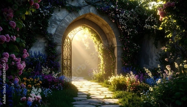 Fototapeta Walking Through Stone Archway to Garden with Flowers and Sunlight