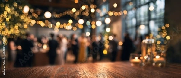 Obraz The wooden table in the foreground at a blurred festive wedding reception
