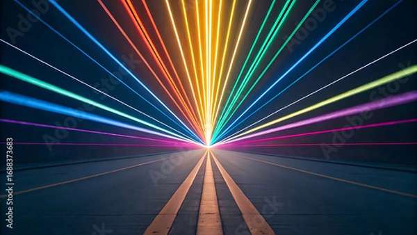 Fototapeta Vanishing point on a dark road with radiating beams of vibrant, multi-colored light symbolizing future innovation and speed