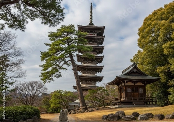 Fototapeta japanese temple with leaning tree